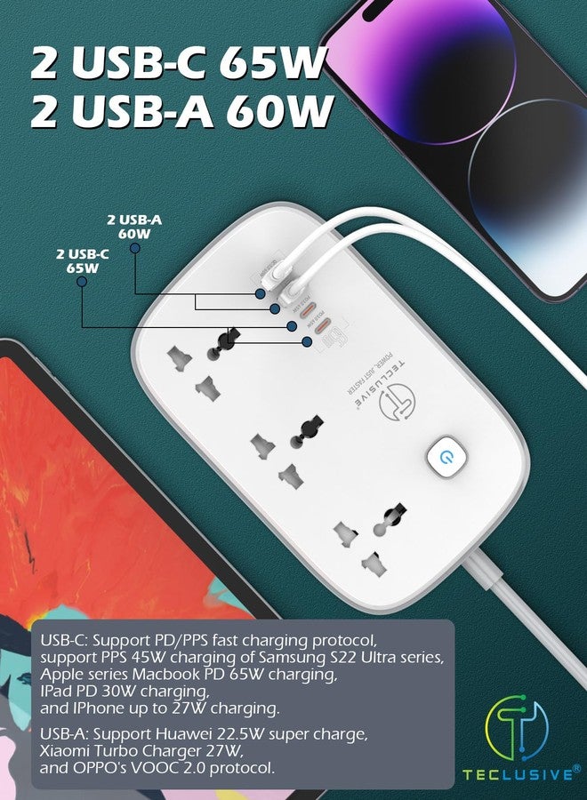 T Teclusive Power Strip Extension Board with Type C 65w Gan Fast Charging USB Ports | 3250W 3 Power Sockets 65w USB C PD QC | Multi Port Extension Surge Protector | 2M Power Cord - Image 2